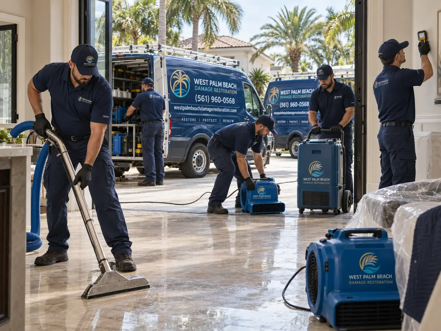 Restoration technicians extracting water and checking moisture in a home